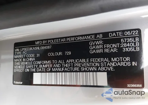 2022 Polestar 2 Long Range Dual Motor z USA, uszkodzony, nr VIN LPSED3KA5NL084087